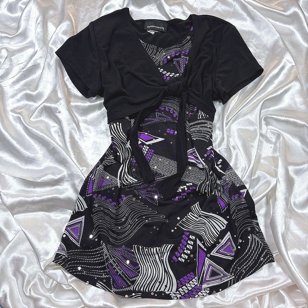 y2k Top Black Purple Excellent Sequin Geometric Layered Tie Front Shrug 14/16